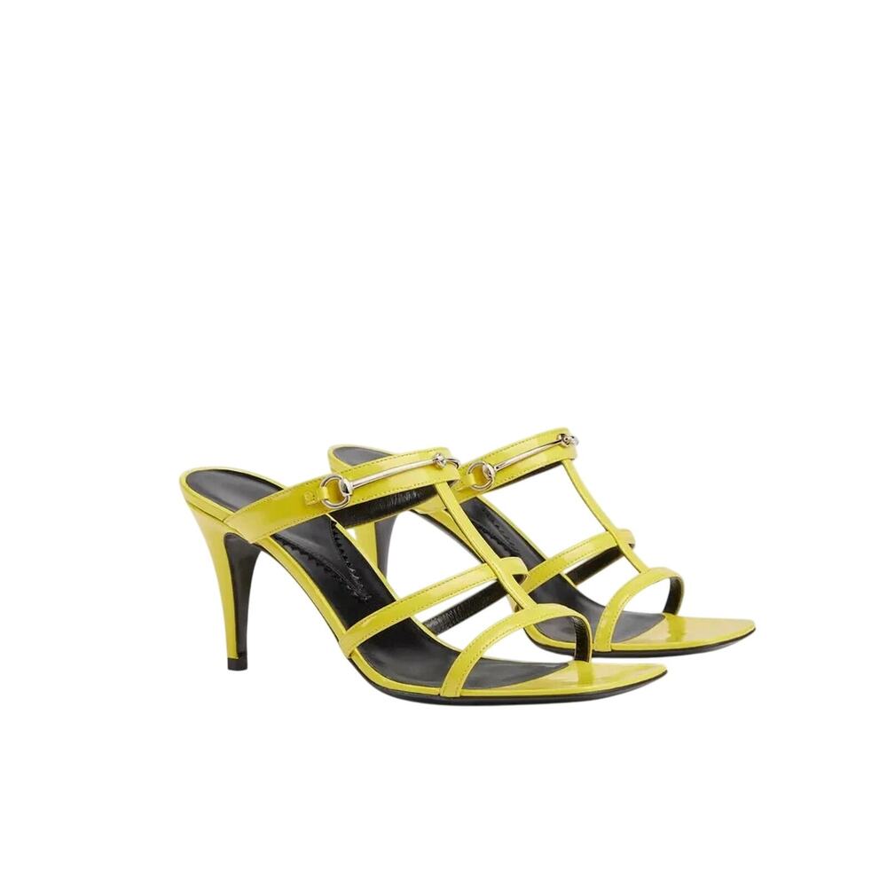 NIB Gucci Regent Slim Horsebit 37.5 US 7.5 Heel Sandals Lime Yellow Leather $990